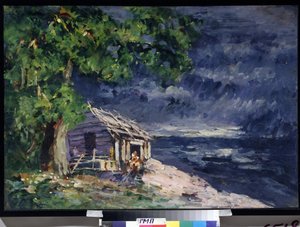Designprojekt til balletten Le Poisson Dore af Ludwig (Leon) Minkus (Scenedesign til balletten Den gyldne fisk af Ludwig Minkus) - En træhytte ved havet - Værk af Konstantin Alexeyevich Korovin (Constantin Korovine) (1861) -1939) , tempel af Konstantin Alekseevich Korovin