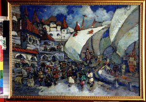 Scenedesign til Operaen Sadko af Nicolas (Nikolai) Rimsky Korsakov (Rimsky-Korsakov) (1844-1908) (Scenedesign til Operaen Sadko af N. Rimsky Korsakov (Rimsky-Korsakov). Beskrivelse af en by og træbygninger bygget på en animeret kaj el af Konstantin Alekseevich Korovin