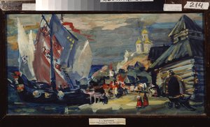 Designprojekt til operaen Sadko af Nicolas (Nikolai) Rimsky Korsakov (Rimsky-Korsakov) (1844-1908) (Scenedesign til operaen Sadko af N. Rimsky-Korsakov (Rimsky Korsakov). Et højt skib på kajen i en by med træbygninger. af Konstantin Alekseevich Korovin