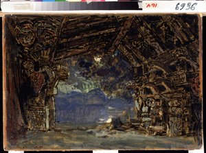 Scenografi til operaen Twilight of the Gods af Richard Wagner. (Scenedesign til operaen The Twilight of the Gods af R. Wagner). Værk af Konstantin Alexeyevich Korovin (Constantin Korovin) (1861-1939), tempera på pap af Konstantin Alekseevich Korovin