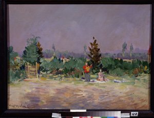 En varm dag i nærheden af ​​Moskva (A Hot Day Near Moscow). Et par på skovtur på landet, manden stående spiller guitar. Maleri af Konstantin Alexeyevich Korovin (Constantin Korovin) (1861-1939), olie på lærred af Konstantin Alekseevich Korovin