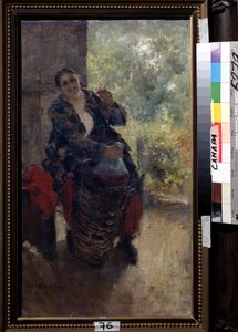 En værtinde eller kvinde med et glas vin (A Landlady, Woman with a Glass of Wine). En stærkt siddende kvinde hæver sit glas for at skåle og holder en kæmpe flaske vin. Maleri af Konstantin Alexeyevich Korovin (Constantin Korovin) (1861-1939), af Konstantin Alekseevich Korovin