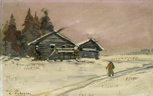 Vinterlandskab med to træhytter (kropsfarve og olie på bord, monteret som tegning) af Konstantin Alekseevich Korovin