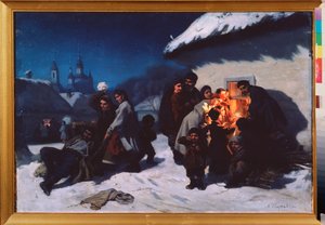 Le cantique de Noel en Ukraine (Julesangen i Ukraine) - Maleri af Konstantin Alexandrovich Trutovsky (Troutovsky) (1826-1893), olie på lærred af Konstantin Alexandrovich Trutovsky