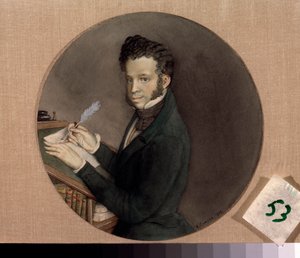 Portræt af forfatteren Alexander Pushkin (Pushkin) (1799-1837). Værk af Konstantin (Constantin) Andreyevich Somov (1869-1939), akvarel på papir af Konstantin Andreevic Somov