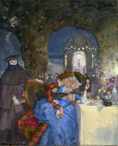 ""Rendez-vous"" Et par drillerier til en sommerfest under maskerede karakterers blik Maleri af Konstantin Somov (1869-1939) - ca. 1918 - Olie på lærred Dim 27x22 cm Privat samling af Konstantin Andreevic Somov