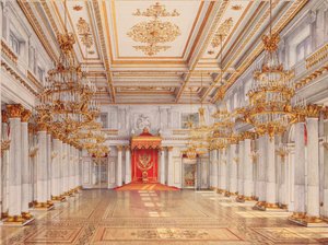 George Hall, Great Throne Hall, i Vinterpaladset i Skt. Petersborg - Værk af Konstantin Andreyevich Ukhtomsky (Constantin Oukhtomsky) (1818-1881), akvarel på pa.