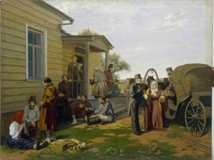 Fredsdommeren. Opbygning af domstolen i det russiske landskab, bønder venter, mens de chatter, advokater har travlt. Maleri af Konstantin Apollonovich Savitsky (1844-1905), olie på lærred. 1800-tallet russisk kunst. Regi af Konstantin Apollonovich Savitsky