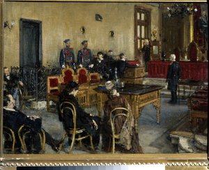 Venter på en dom. Maleri af Konstantin Apollonovich Savitsky (1844-1905), olie på lærred