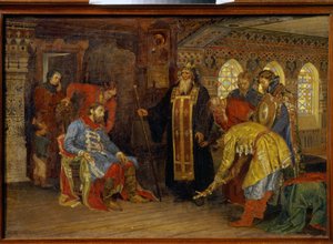 Prins Dmitrij Pozharskys (1577-1642) invitation til at kommandere hærene til befrielsen af ​​Moskva. (Invitationen af ​​prinsen Pozharsky til at regere over hære for befrielsen af ​​Moskva). Efter at have modtaget Irenarchus af Rostovs velsignelse, prins