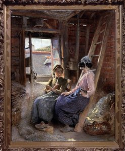 To bretonere (to bretonere). Fiskerkoner, i traditionel påklædning, slapper af og sludrer på et loft, hvor fiskenet og kurve opbevares, vinduet på vid gab lukker en solstråle ind. Maleri af Konstantin Y af Konstantin Egorovich Makovsky