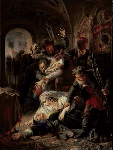 Ansatte lejemordere, der dræber zar Boris Fyodorevich Godunovs søn af Konstantin Egorovich Makovsky
