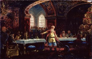 Grev Michael Repnin (?) ved Ivan den Forfærdeliges fest (1530-1584). (Grev Mikhail Repnin Ved Ivan Den Forfærdelige Fest). Repnin, der står i midten af ​​de dækkede borde, fordømmer zarens politik. Maleri af Konstantin Yegorovich Makovsky (Constantin Mak af Konstantin Egorovich Makovsky