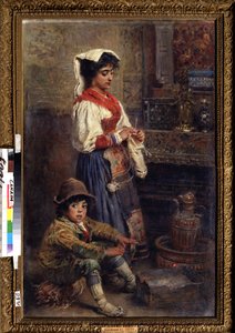 Modellerne venter på kunstneren. Maleri af Konstantin Yegorovich Makovsky (Constantin Makovsky) (1839-1915), olie på lærred af Konstantin Egorovich Makovsky