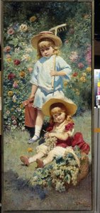 Portrætter af kunstnerens børn. (Portræt af kunstnerens børn). Repræsenteret i en blomsterhave om sommeren, bærer den ældste en rive og en vandkande, den yngste sidder i græsset ved siden af ​​en kurv fuld af klaser af druer. Maleri af Konst af Konstantin Egorovich Makovsky