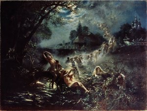 Havfruer (Havfruer). Om natten væver nøgne kvinder kranse i en flod og danner derefter en kæde ved at holde fast i hinanden og stige op i himlen, før de blander sig i skyerne. Maleri Konstantin Yegorovich Makovsky (Constantin Makov