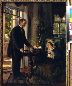 En palæ chatelaine. (En gammel dame tager te, serveret af en tjener, der forærer hende brød og marmelade). Maleri af Konstantin Yegorovich Makovsky (Constantin Makovsky) (1839-1915), olie på lærred af Konstantin Egorovich Makovsky