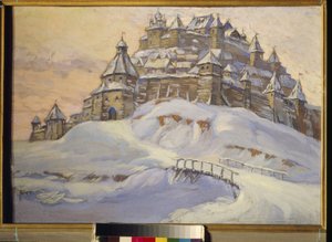 Gammel russisk fæstning. (Befæstet træby, under sneen i Ukraine i middelalderen). Værk af Konstantin (Constantin) Ivanovich Gorbatov (1876-1945), tempera på træ, begyndelsen af ​​det 20. århundrede. Privat samling.