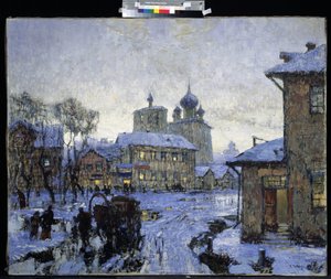 ""Tøet"" Russisk landsbylandskab i slutningen af ​​vinteren. Maleri af Konstantin (Constantin) Gorbatov (1876-1945) 1910 M. Kroshitsky kunstmuseum, Sevastopol