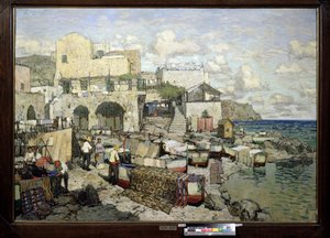 Udsigt over øen Capri (Italien). (Udsigt over Capri-øen). Maleri af Konstantin (Constantin) Ivanovich Gorbatov (1876-1945), olie på lærred. Det 20. århundrede russisk kunst, realisme. Regionale W. Wereshchagin kunstmuseum, Mykolaiv (eller Nikolaiev, Ukrain af Konstantin Ivanovich Gorbatov