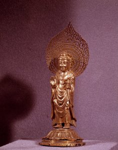 Art Coreen: repræsentation af Buddha Amitabha, guldstatuette. Silla periode. 7.-8. århundrede. Koreas Nationalmuseum af Korean School