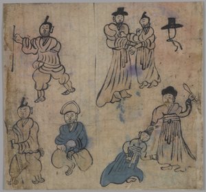 Genrescene, 1 ud af 4, 19. århundrede (blæk og vat på papir) af Korean School