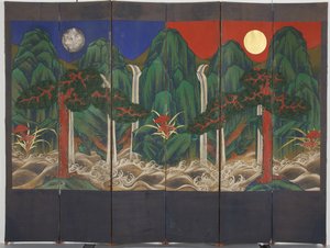 Landskab (tempera og bladguld på panel) af Korean School