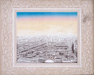 Luftfoto af London indrammet i en dekorativ kant, c1845