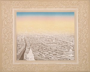 Luftfoto af London indrammet i en dekorativ kant, c1845
