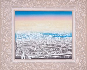 Luftfoto af London indrammet i en dekorativ kant, c1845.