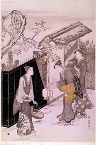 Tilbage fra poetisk aften i japansk forårstryk af Shunman Kubo (1757-1820). Paris, Guimet-museet, Nationalmuseet for asiatisk kunst af Kubo Shumman