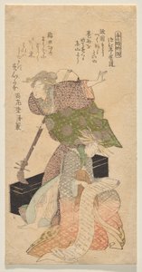En dame, der holder en shamisen, mens en anden synger fra en j?ruri-libretto af Kubo Shunman