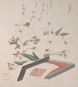 Kirsebærblomster og seglkasse med blæk og lineal, 1800-tallet. af Kubo Shunman
