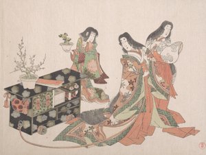 Hofdamer, der trækker et skab langs gulvet, 1800-tallet. af Kubo Shunman