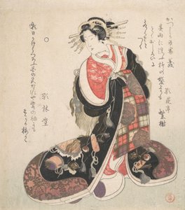 Courtesane klædt i en udførlig kjole broderet med lykke-emblemer, ca. 1800. af Kubo Shunman