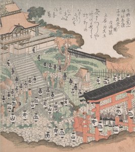 Skare af mennesker, der ser på festivaldans foran Futaara-helligdommen, 1800-tallet. af Kubo Shunman
