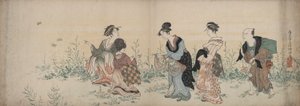 Fire piger og en tjener nyder vilde blomster og sommerfugle af Kubo Shunman