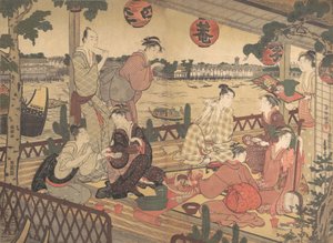 To unge mænd og flere kvinder spiste i et tehus på bredden af Sumida-floden, ca. 1788. af Kubo Shunman