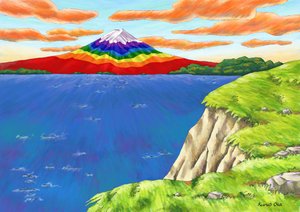 Regnbuefarvet Fuji-bjerg over klippen, 2023 (digitalt maleri)