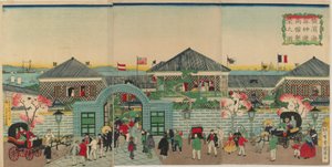 Billede af velstanden for merkantile virksomheder langs Nakadouri på Yokohama, Meiji-æraen, 1870 (træblok i farver) af Kuniteru II Utagawa