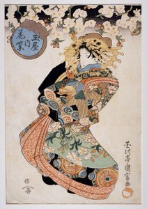 Courtesane Hanamurasaki fra Tamaya tehus, Ca 1830, Ukiyo-e kunsttryk af Utagawa Kunitomi (aktiv 1810-1830), Oban-tate-e træsnit, 38,2x26,5 cm, japansk civilisation af Kunitomi Utagawa