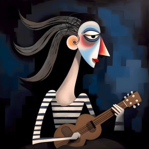 3D kvindetroubadour med sin guitar i nattemånelysene 2
