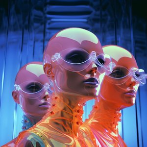 6 kvinder med 3d parametriske fluorescerende plastikmasker i en surrealistisk og parametrisk fremtidsarkitektur, 1