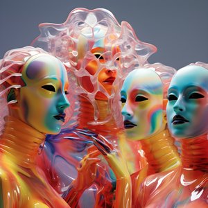 6 kvinder med 3d parametriske fluorescerende plastikmasker i en surrealistisk og parametrisk fremtidsarkitektur, 2