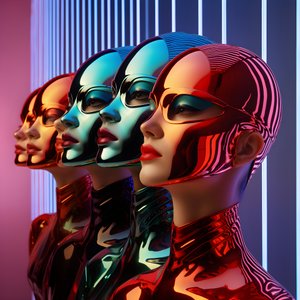 6 kvinder med 3d parametriske fluorescerende plastikmasker i en surrealistisk og parametrisk fremtidsarkitektur, 3