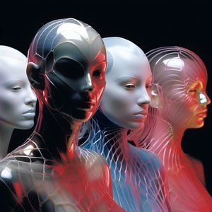 6 kvinder med 3d parametriske fluorescerende plastikmasker i en surrealistisk og parametrisk fremtidsarkitektur, 4