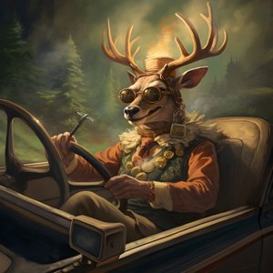 En hjort med en cigar i munden kører en cabriolet bil 1