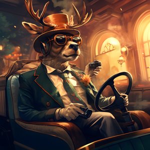 En hjort med en cigar i munden kører en cabriolet bil 3