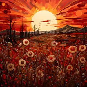 Abstrakt landskabskunst med et felt med vilde blomster og en fed rød sol. 3