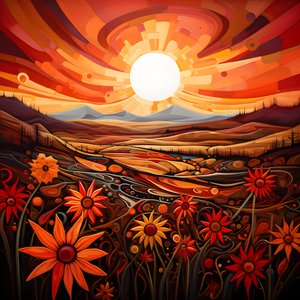 Abstrakt landskabskunst med et felt med vilde blomster og en fed rød sol. 4